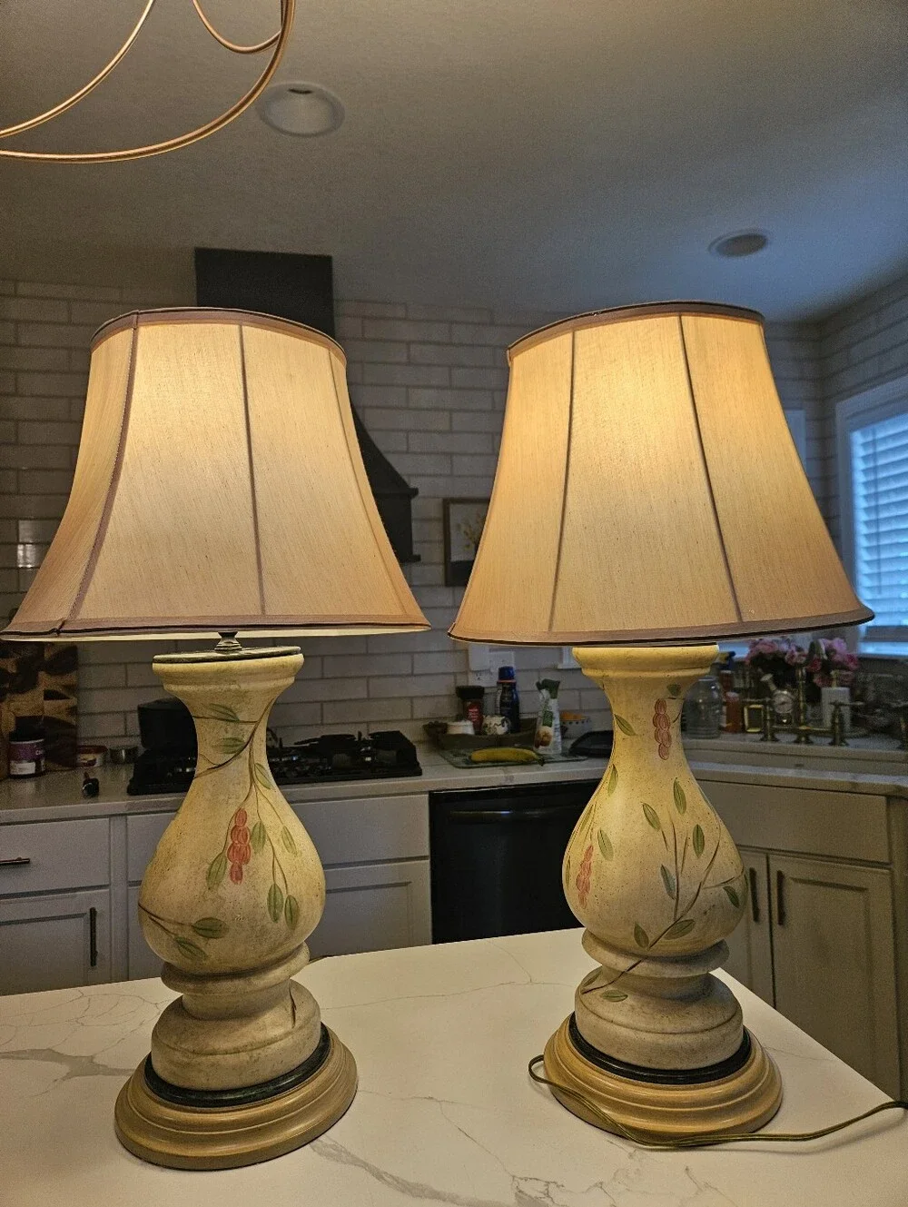 Pair Hand-Painted Wildwood Table Lamps with Beige Shade